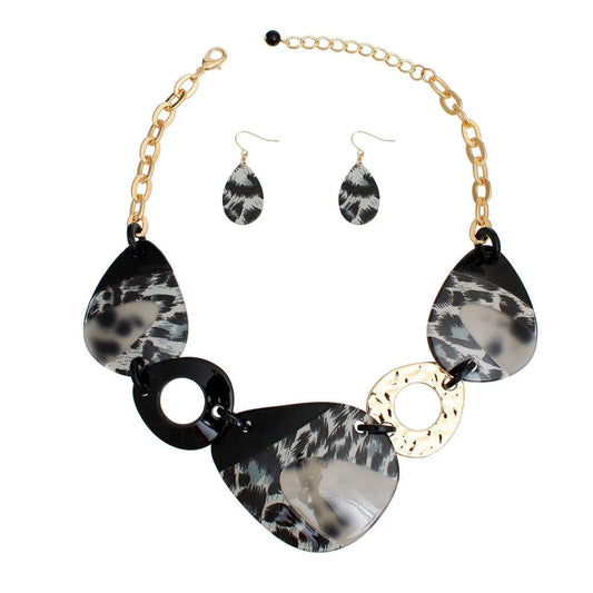 Chic Leopard Black Marbled Acrylic Link Necklace Set - Trendy and Elegant Statement Jewelry