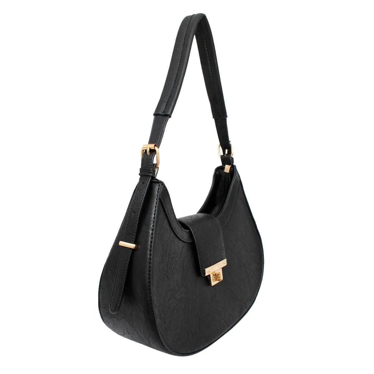 Chic Sophistication: Vegan Leather Shoulder Handbag with Rounded Silhouette and Flap Closure - Black