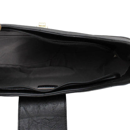 Chic Sophistication: Vegan Leather Shoulder Handbag with Rounded Silhouette and Flap Closure - Black