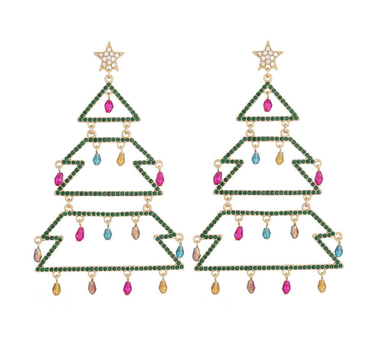 Christmas Tree-Shaped Rhinestone Enamel Dangle Earrings
