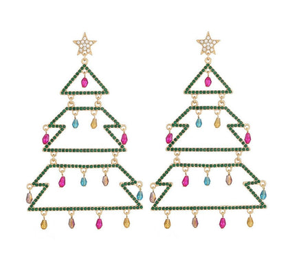 Christmas Tree-Shaped Rhinestone Enamel Dangle Earrings