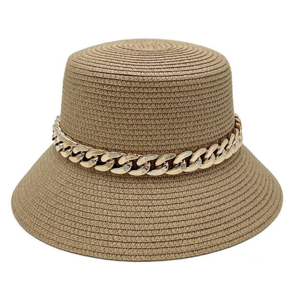 Classic Camel Bucket Hat Gold Tone Chain Detail