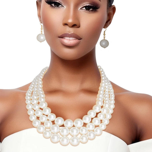 Classic Vintage-style 3-Strand Cream Pearl Necklace Set