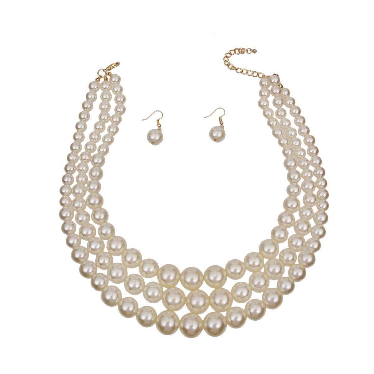 Classic Vintage-style 3-Strand Cream Pearl Necklace Set