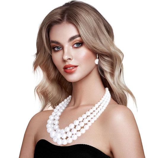 Classic Vintage-style 3-Strand White Pearl Necklace Set