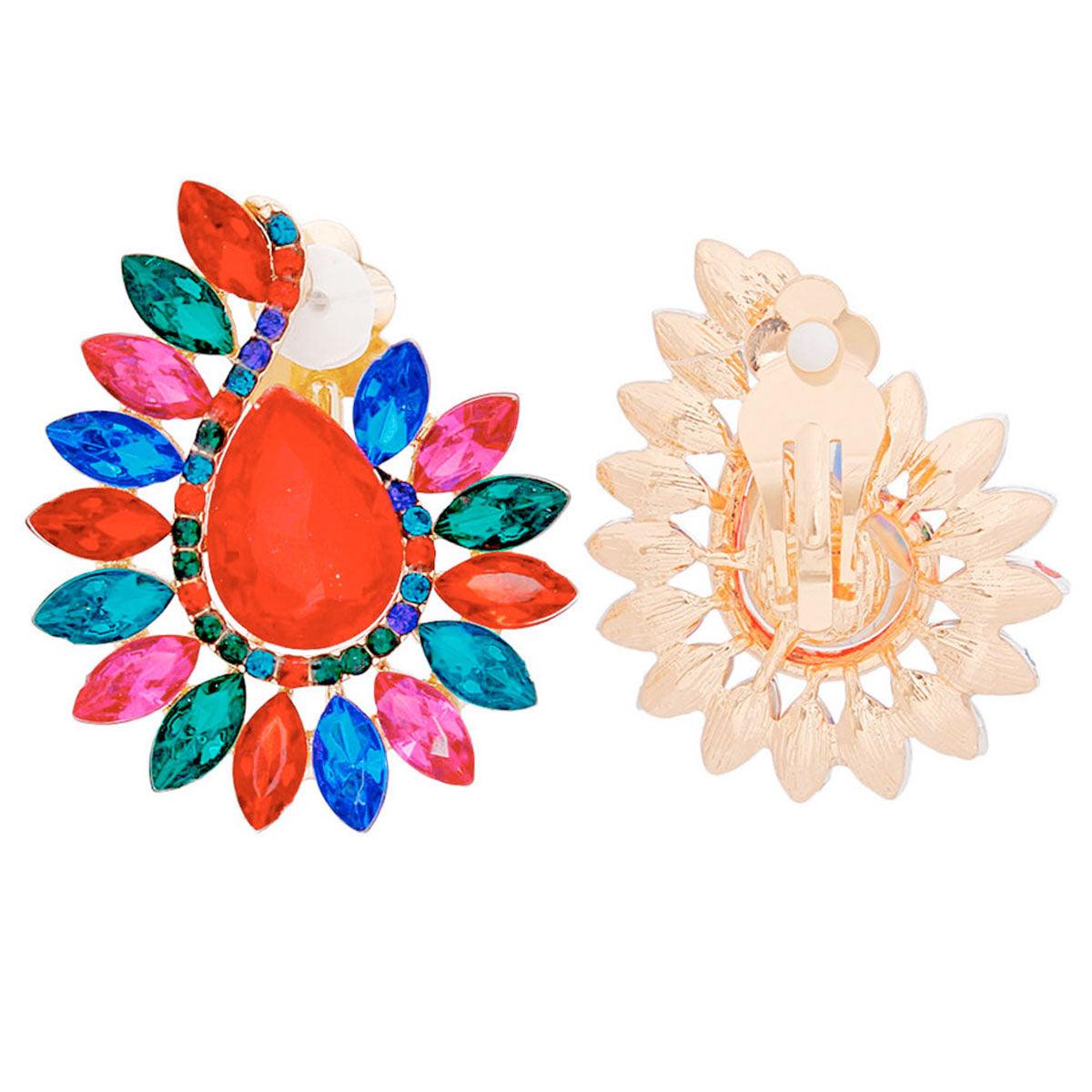 Colorful Teardrop Red Center Clip On Pageant Earrings for Elegant Style