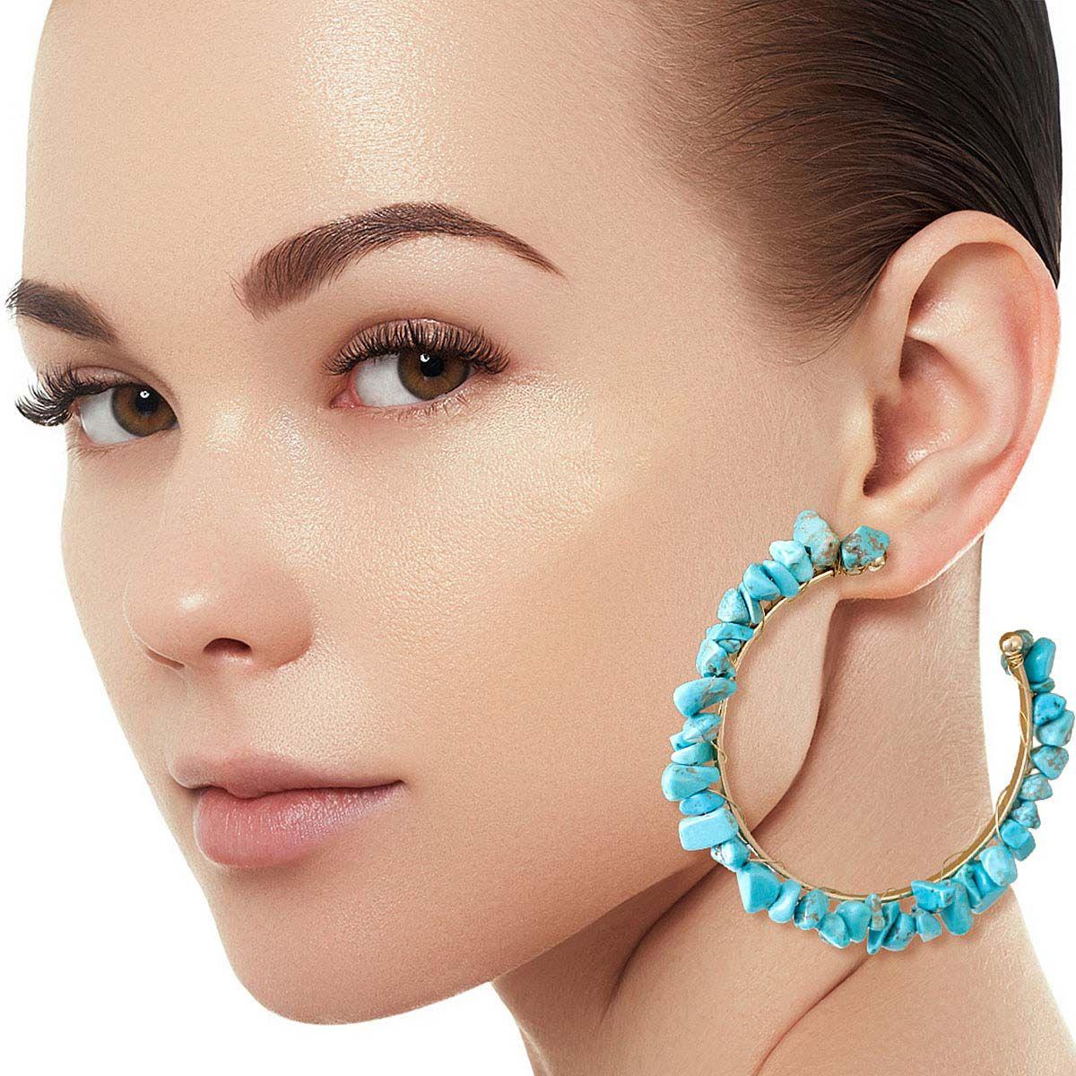 Connection Turquoise Stone Wrapped Open Hoop Earrings
