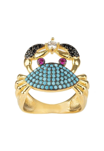 Crab Cocktail Ring Blue Turquoise Zirconia, Gold Plate