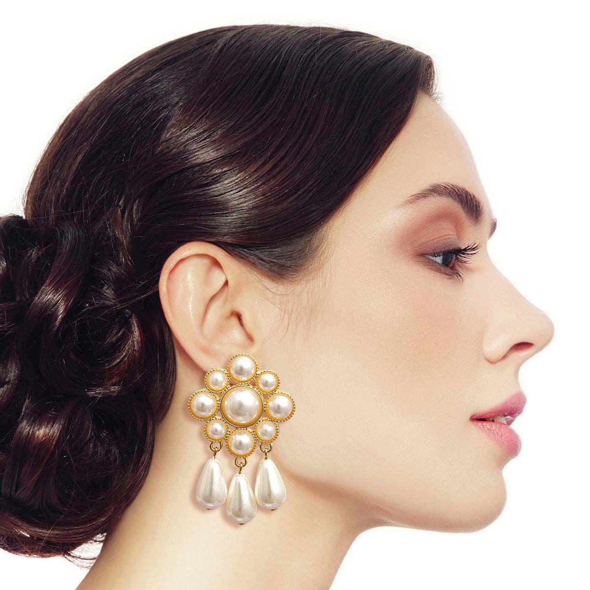 Cream Faux Pearl Drops Earrings Gold Plated