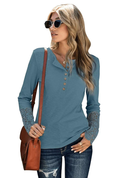 Crochet Lace Hem Sleeve Button Top Gray