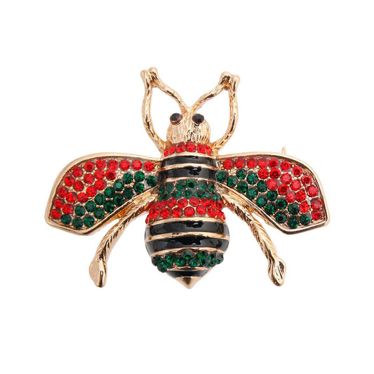 Cute Red/Green Acrylic Crystals Bee Brooch Pin Gold Plated