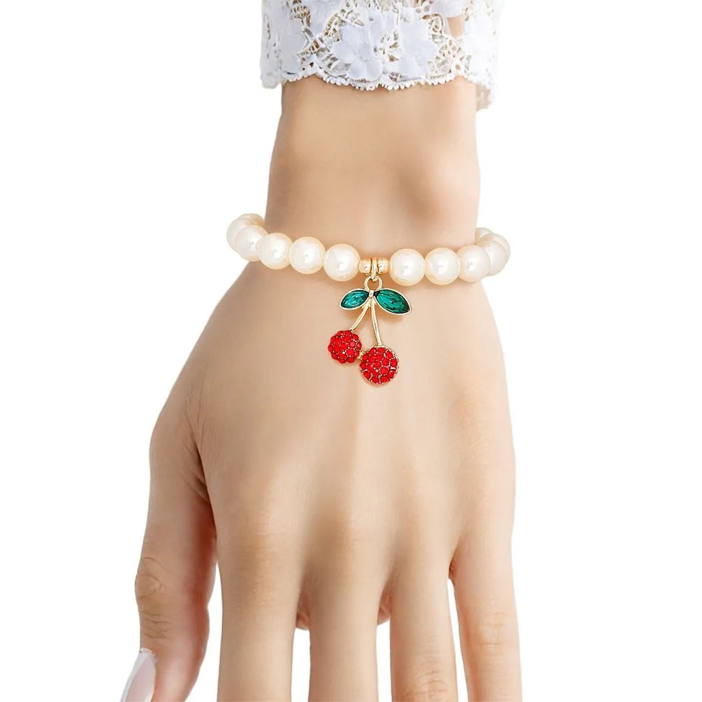 Women's Pearl Cherry Bracelet with Red Rhinestone Charm, Gold Tone, Stretch Fit