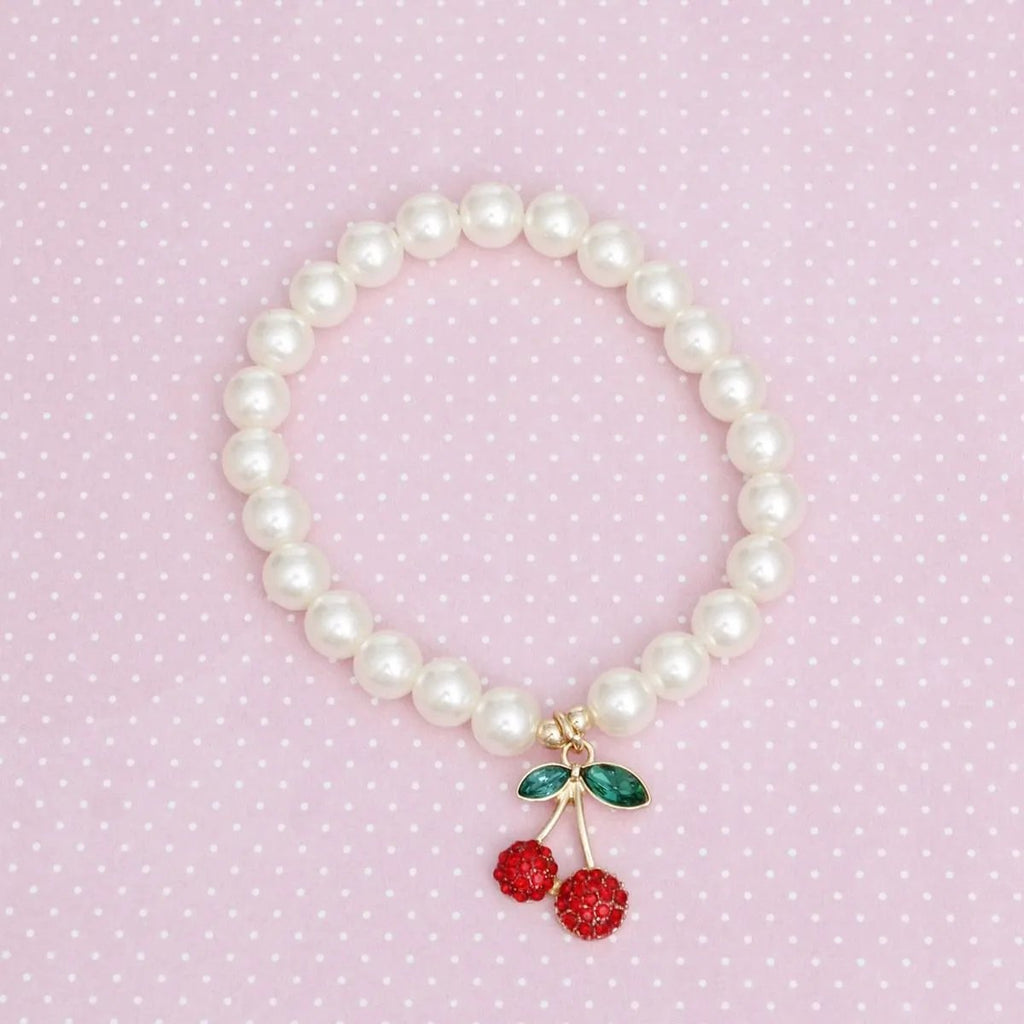 Women's Pearl Cherry Bracelet with Red Rhinestone Charm, Gold Tone, Stretch Fit