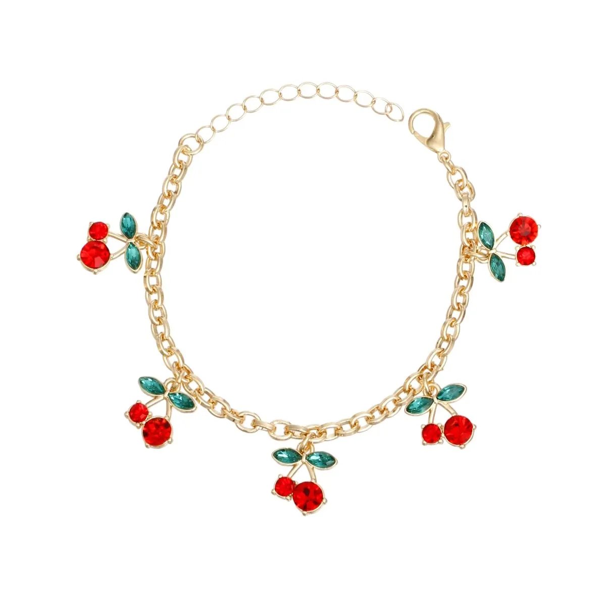 Women's Cherry Charm Bracelet – Gold Tone Double Cherry Charms, Red Rhinestones, Lobster Clasp