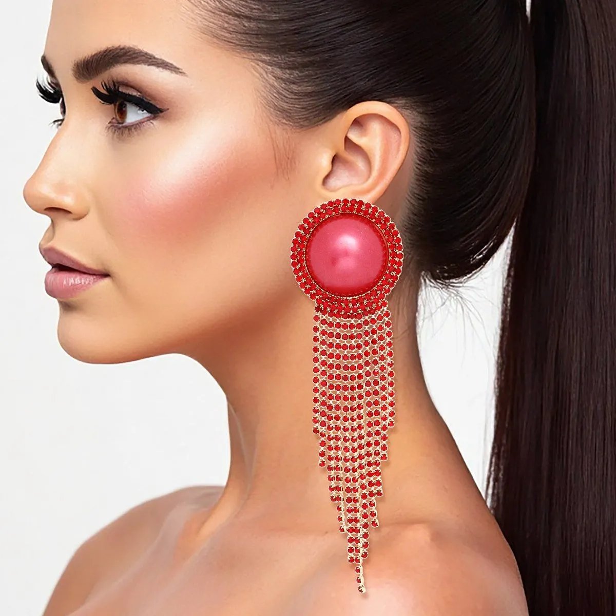 Red Clip-On Earrings Long Rhinestone Tassel Fringe | Fashion Jewelry