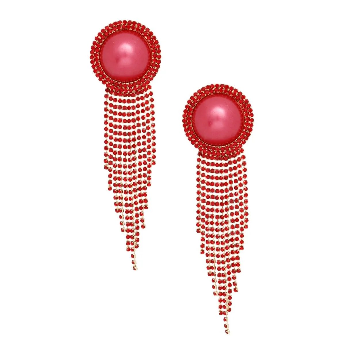 Red Clip-On Earrings Long Rhinestone Tassel Fringe | Fashion Jewelry