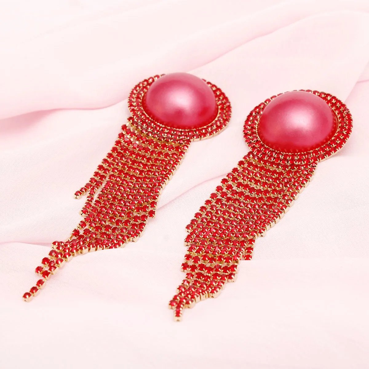 Red Clip-On Earrings Long Rhinestone Tassel Fringe | Fashion Jewelry