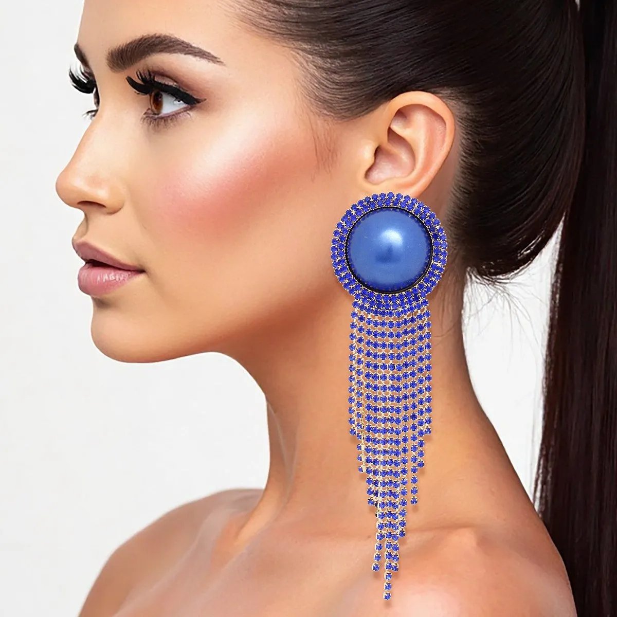 Royal Blue Clip-On Earrings Long Rhinestone Tassel Fringe | Fashion Jewelry