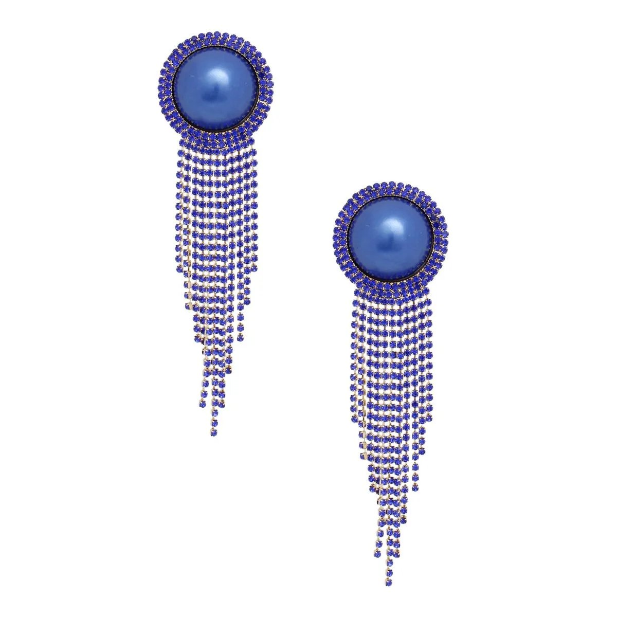 Royal Blue Clip-On Earrings Long Rhinestone Tassel Fringe | Fashion Jewelry