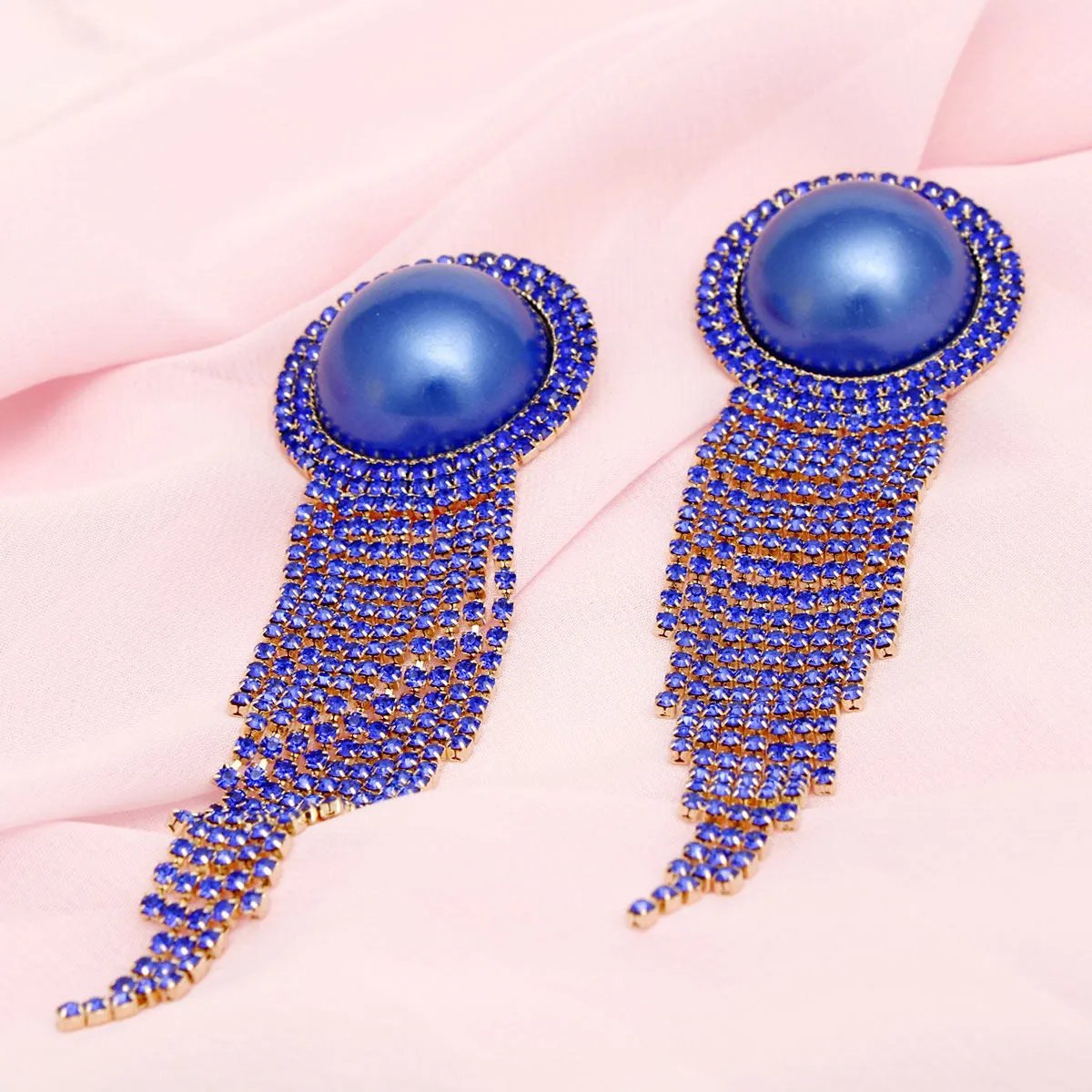 Royal Blue Clip-On Earrings Long Rhinestone Tassel Fringe | Fashion Jewelry