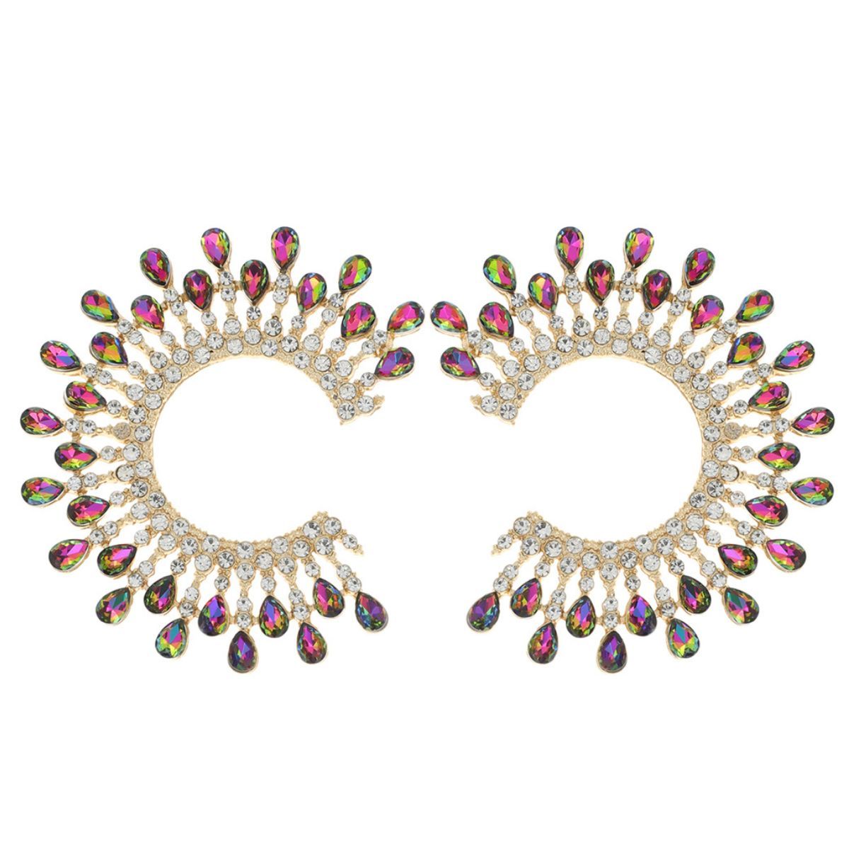 Gold C Shaped Stud Earrings Pink Green Teardrop Crystals | Fashion Jewelry