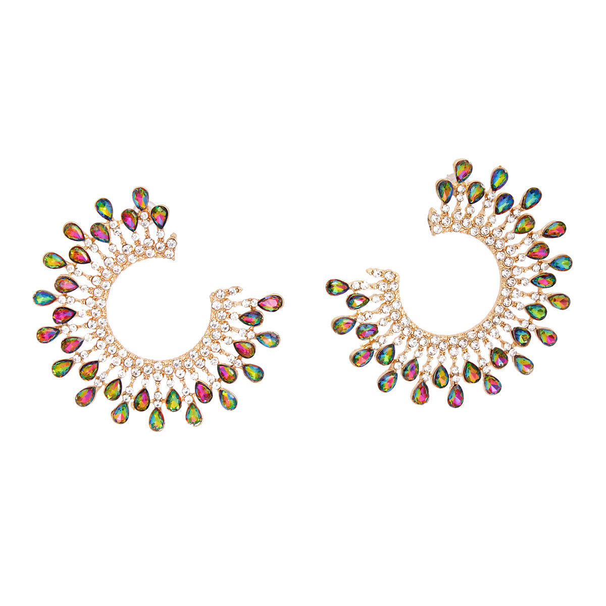 Gold C Shaped Stud Earrings Pink Green Teardrop Crystals | Fashion Jewelry