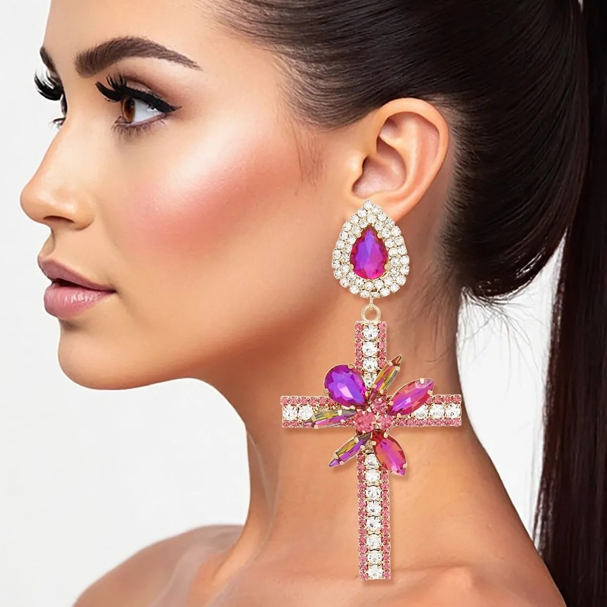 Formal Drop Earrings Purple Crystal Cross Statement Fashion Jewelry