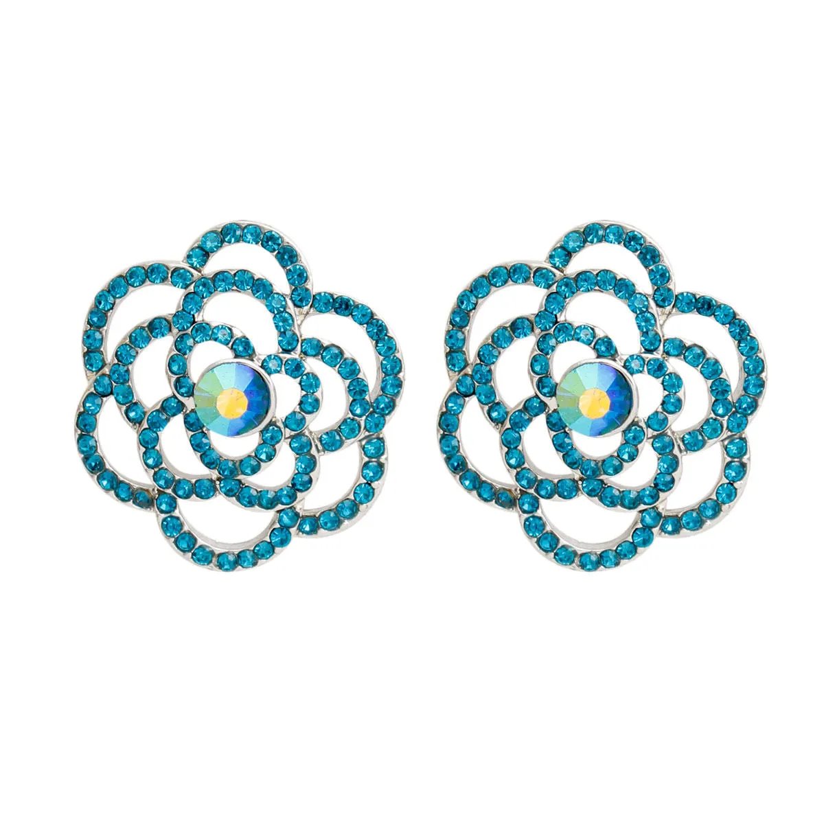Silver Flower Earrings Blue Rhinestone Rose Studs Women’s Lead and Nickel Compliant