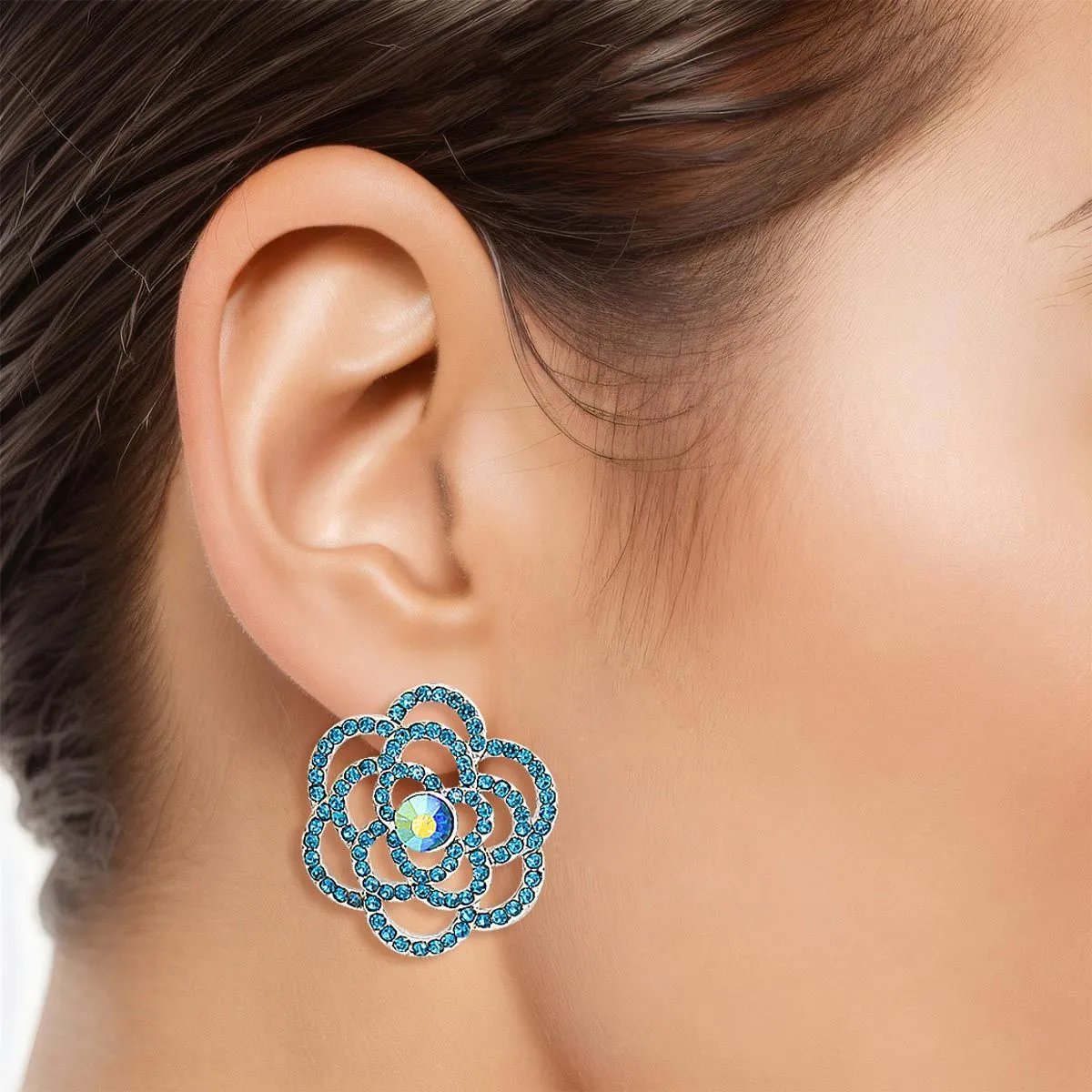 Silver Flower Earrings Blue Rhinestone Rose Studs Women’s Lead and Nickel Compliant