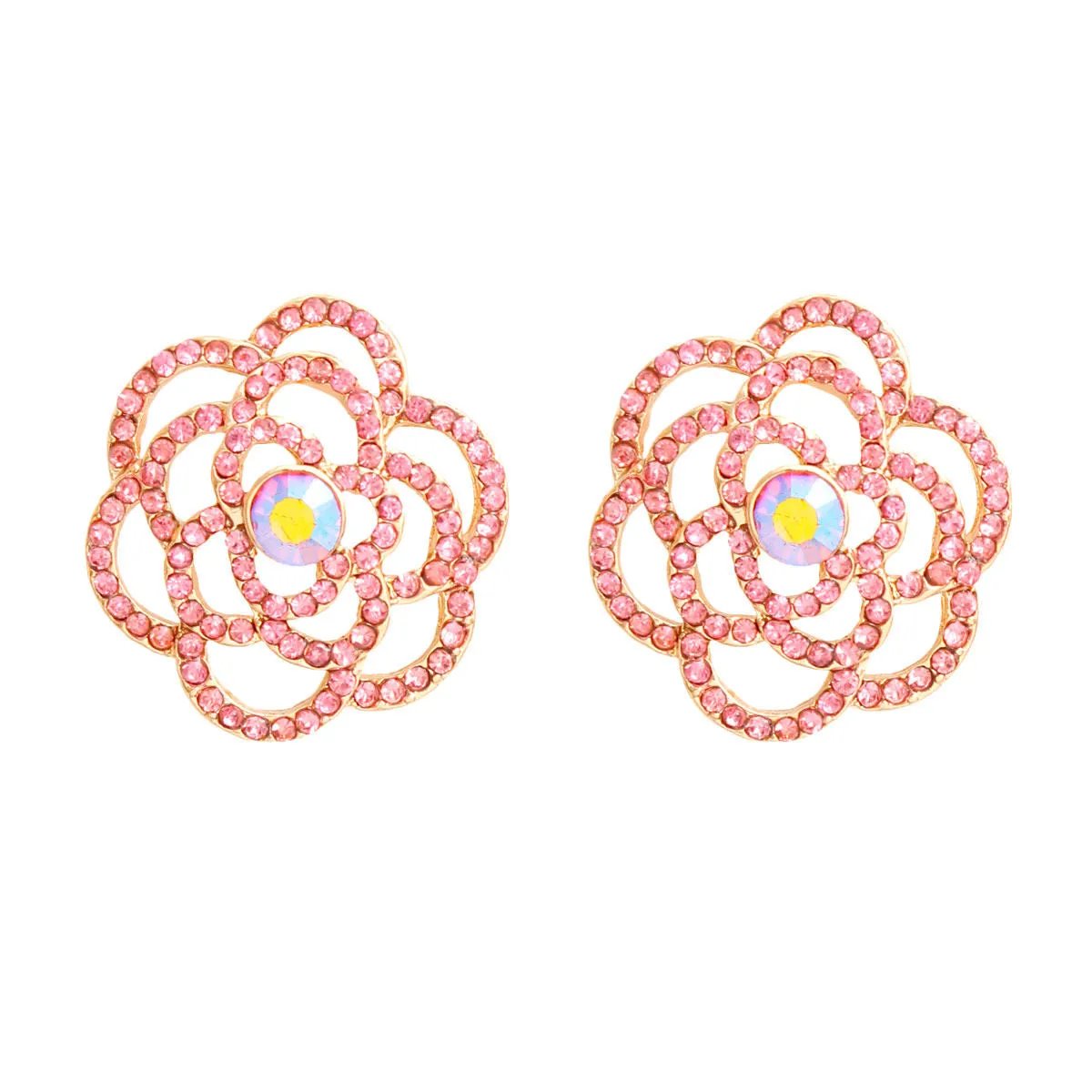 Gold Flower Earrings Pink Rhinestone Rose Studs Women’s Lead and Nickel Compliant