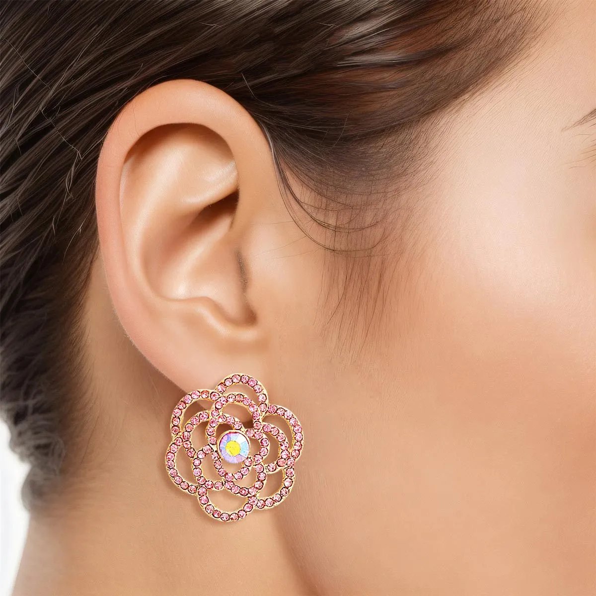 Gold Flower Earrings Pink Rhinestone Rose Studs Women’s Lead and Nickel Compliant