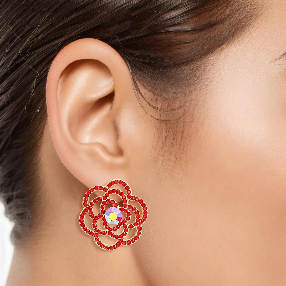 Gold Flower Earrings Red Rhinestone Rose Studs Women’s Lead and Nickel Compliant