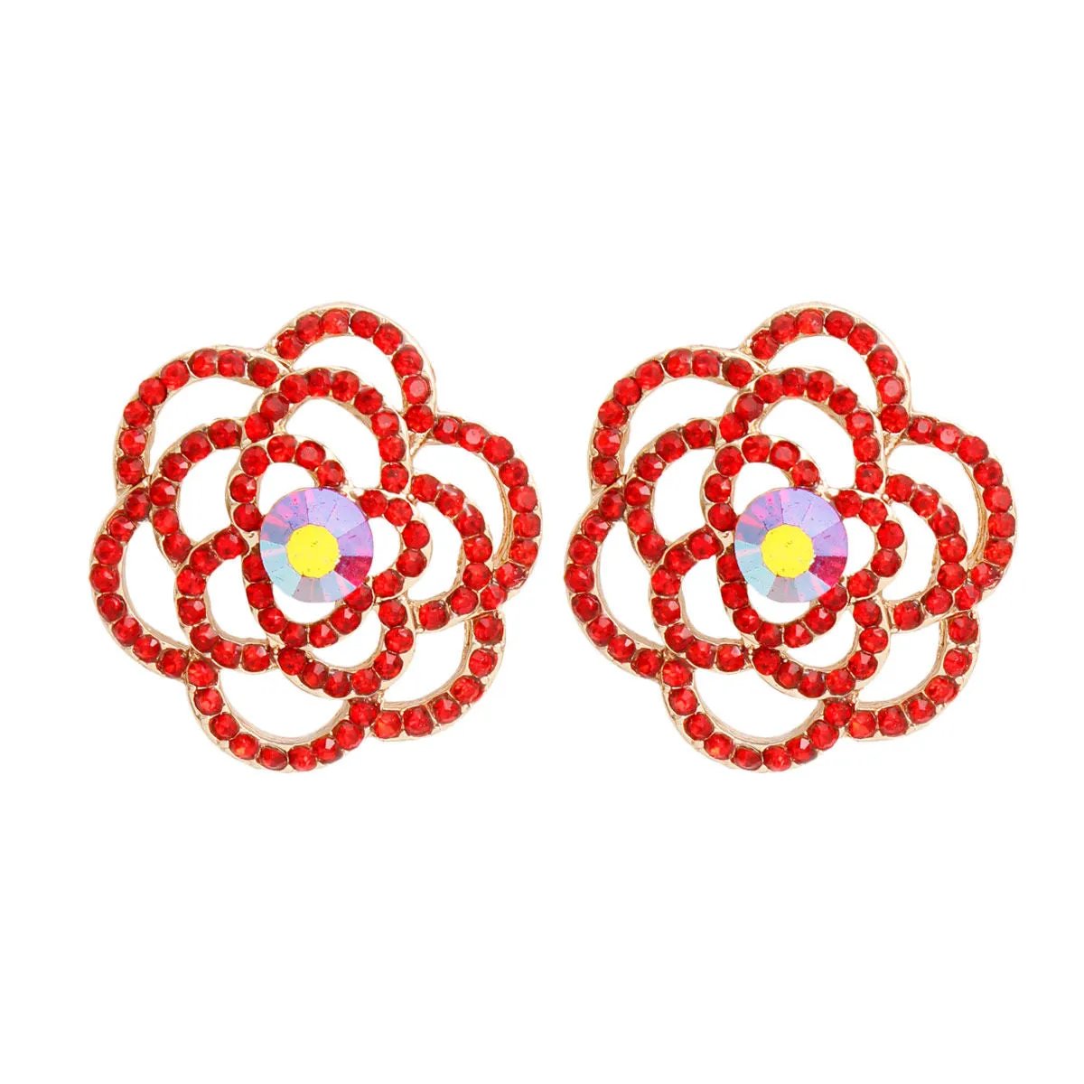 Gold Flower Earrings Red Rhinestone Rose Studs Women’s Lead and Nickel Compliant