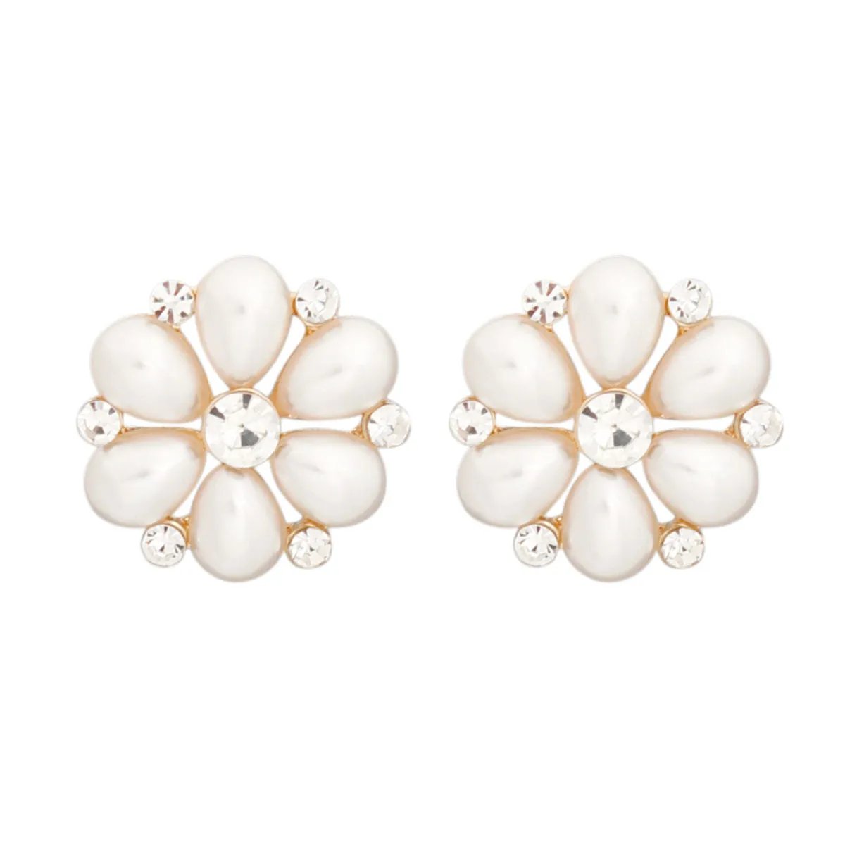 Cream Faux Pearl Flower Stud Earrings – Gold Metal, Teardrop Petals, Rhinestone Details, Post Back
