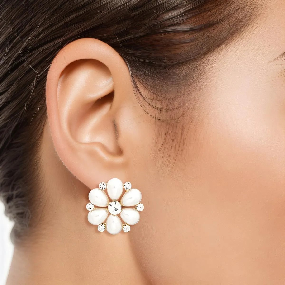 Cream Faux Pearl Flower Stud Earrings – Gold Metal, Teardrop Petals, Rhinestone Details, Post Back