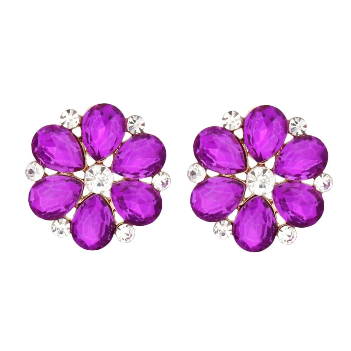 Purple Teardrop Flower Stud Earrings – Gold Metal, Crystal Petals, Rhinestone Accents, Post Back