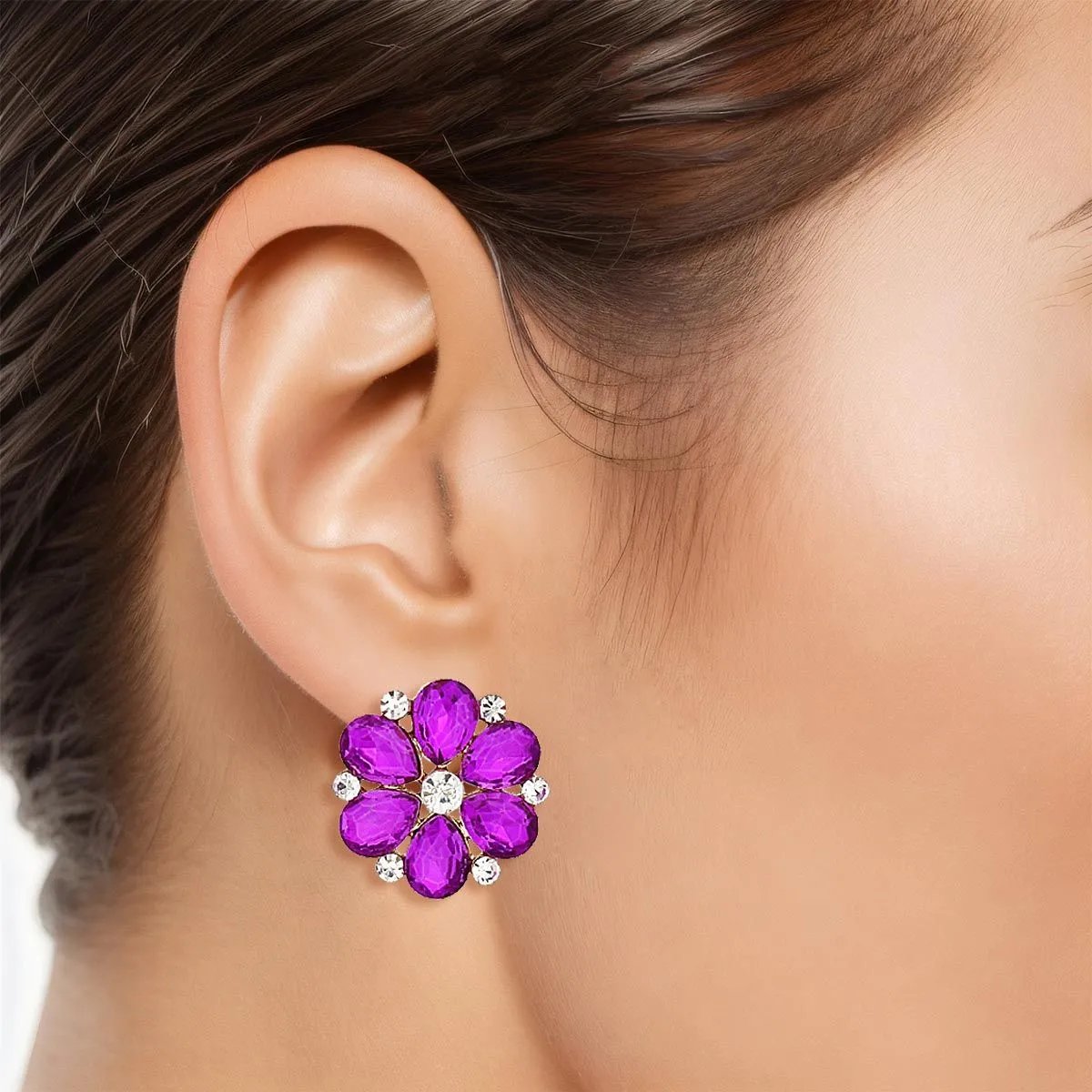 Purple Teardrop Flower Stud Earrings – Gold Metal, Crystal Petals, Rhinestone Accents, Post Back