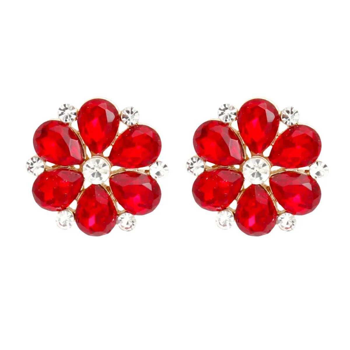 Red Teardrop Flower Stud Earrings – Gold Metal, Teardrop Petals, Rhinestone Accents, Post Back