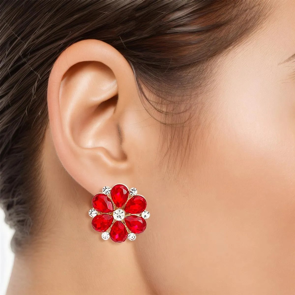 Red Teardrop Flower Stud Earrings – Gold Metal, Teardrop Petals, Rhinestone Accents, Post Back