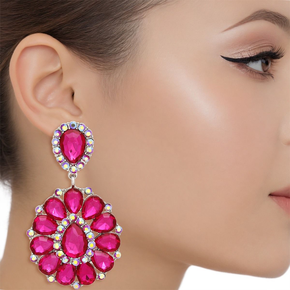 Fuchsia Pink Statement Earrings Aurora Borealis Rhinestone