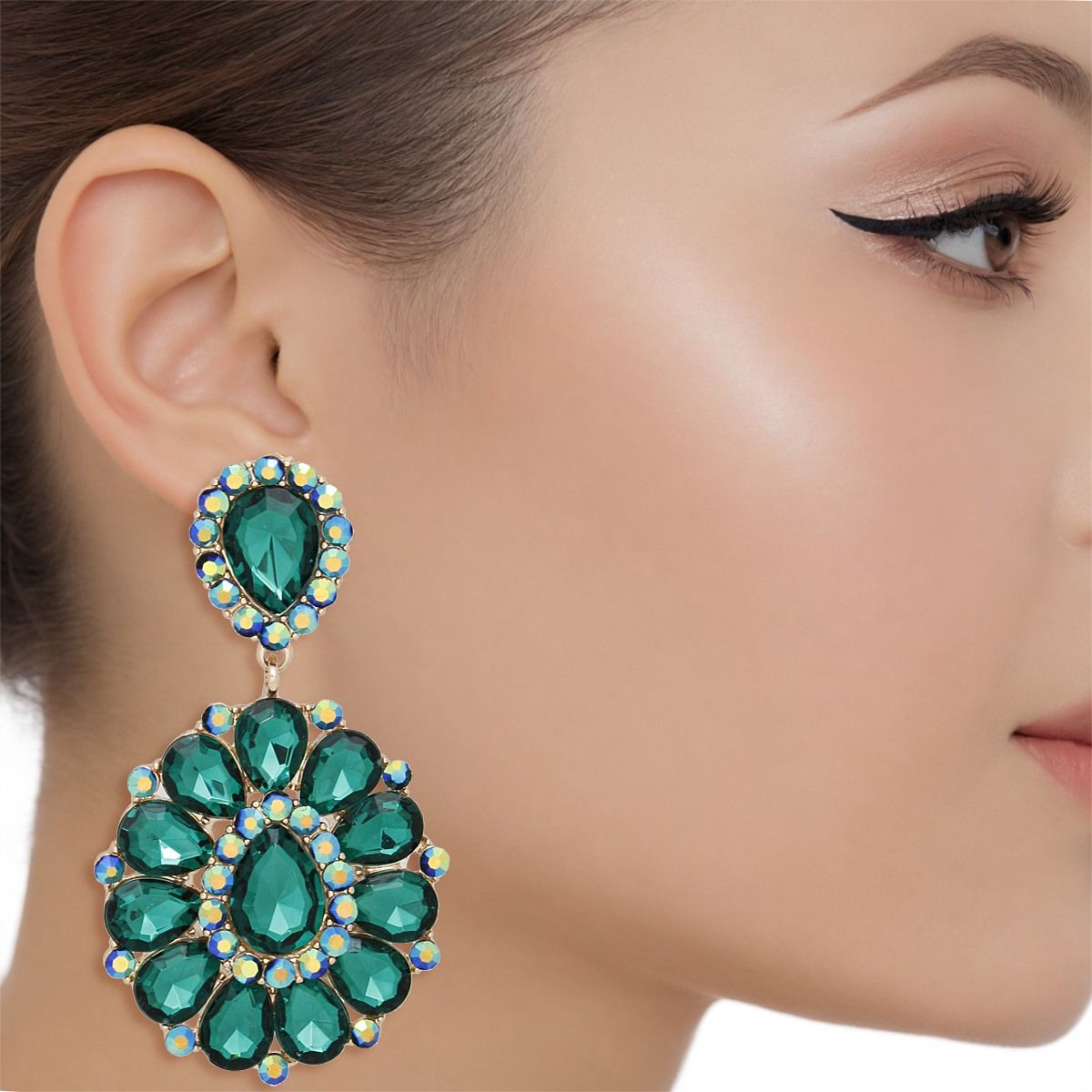Emerald Green Statement Earrings Aurora Borealis Rhinestone