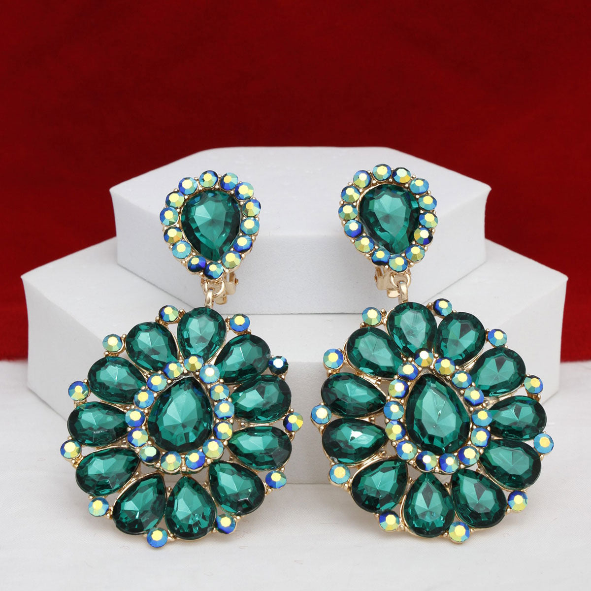Emerald Green Statement Earrings Aurora Borealis Rhinestone