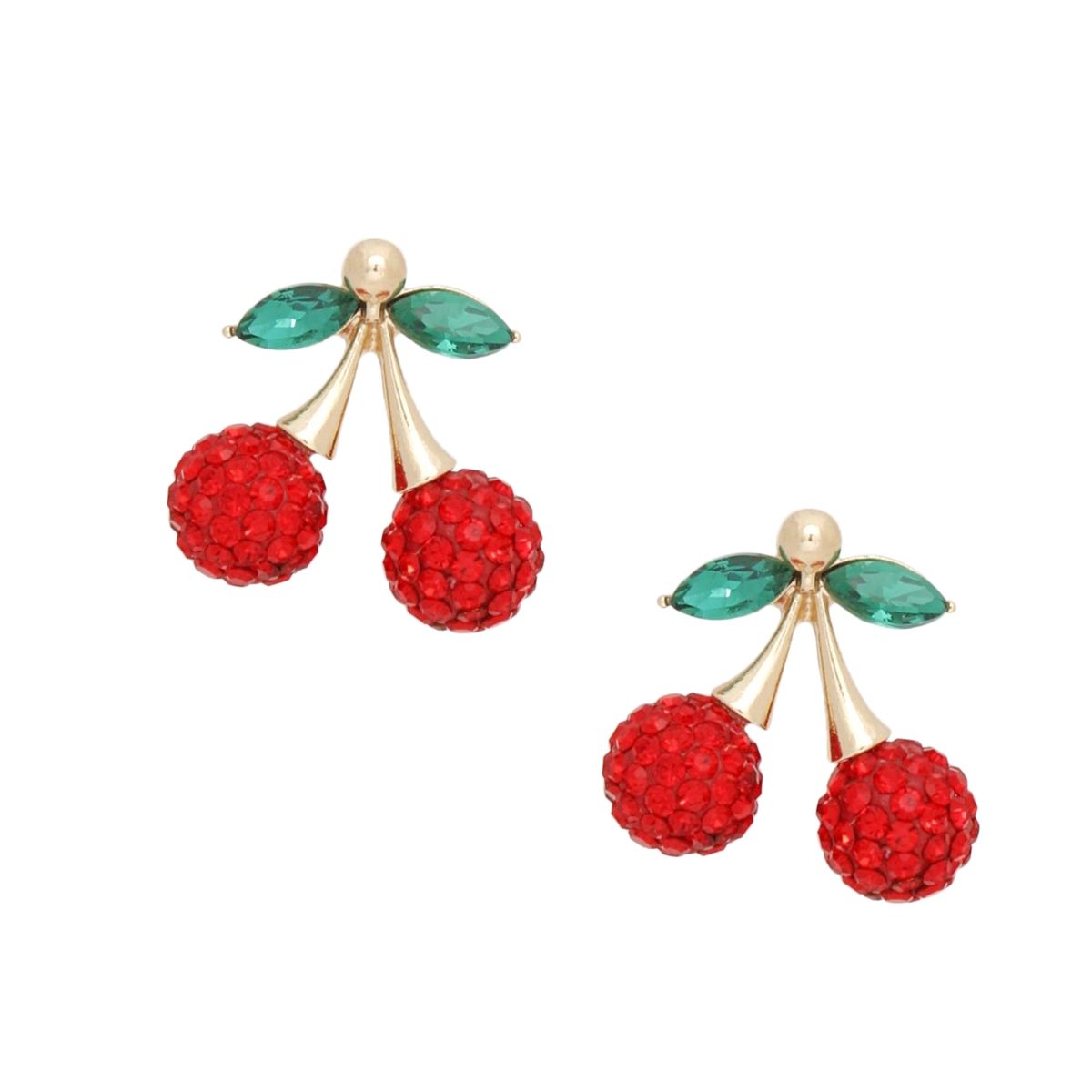 Pin-Up Double Red Cherry Drop Earrings Gold Studs Crystal Leaves