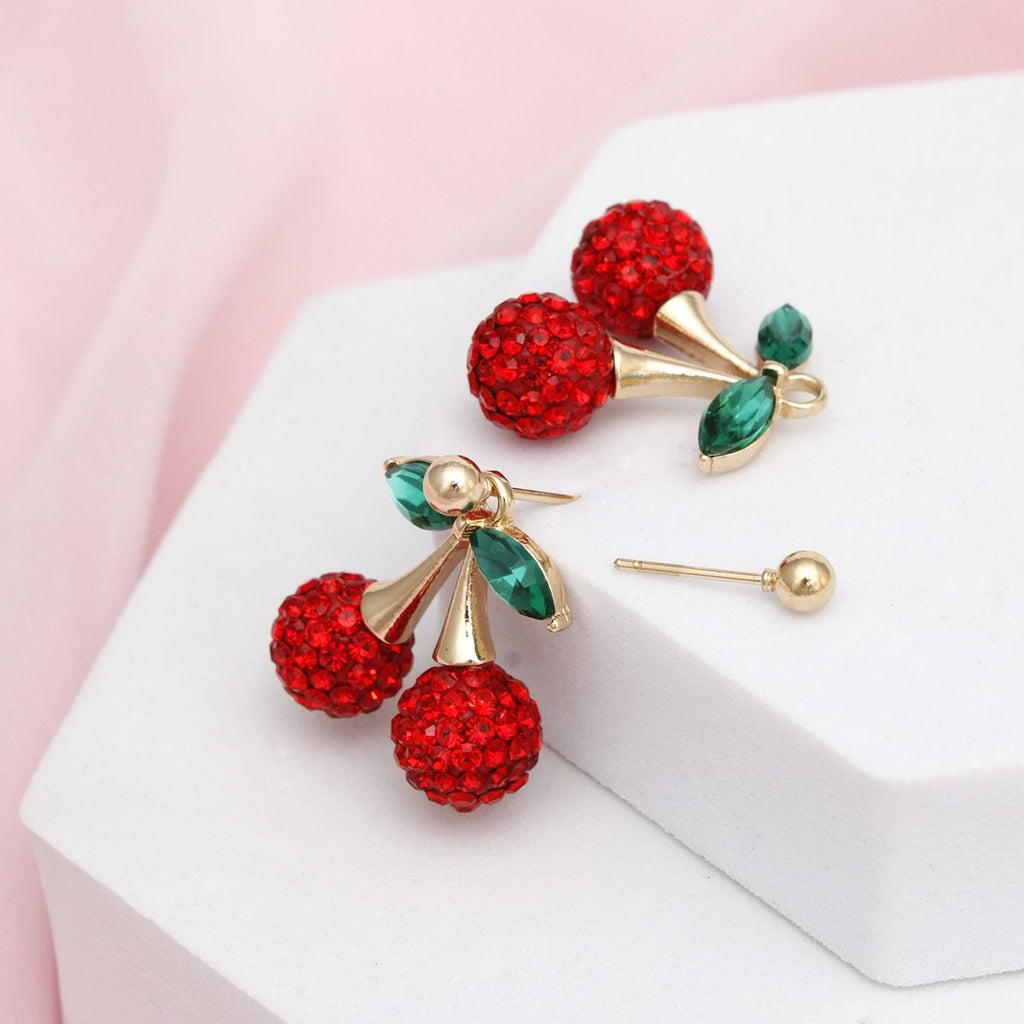 Pin-Up Double Red Cherry Drop Earrings Gold Studs Crystal Leaves