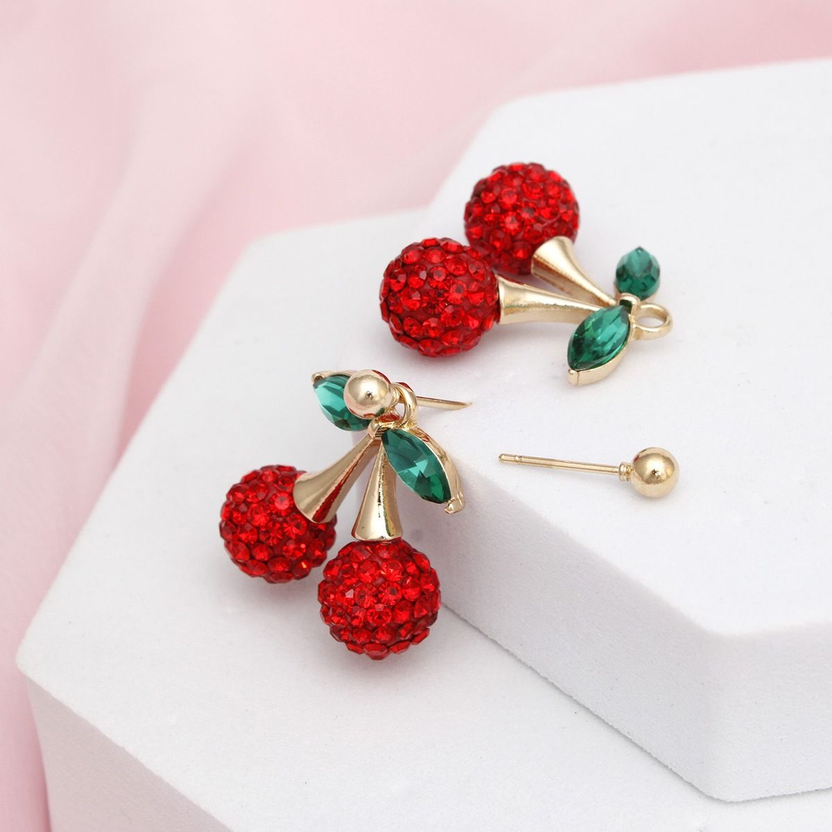 Pin-Up Double Red Cherry Drop Earrings Gold Studs Crystal Leaves