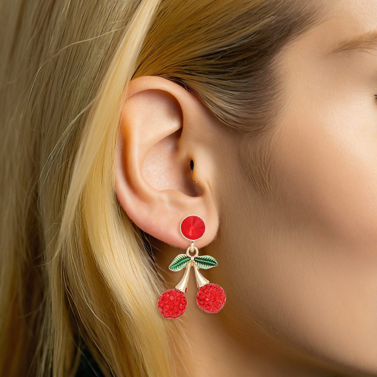 Pin-Up Cherry Earrings Gold Double Cherry Drop