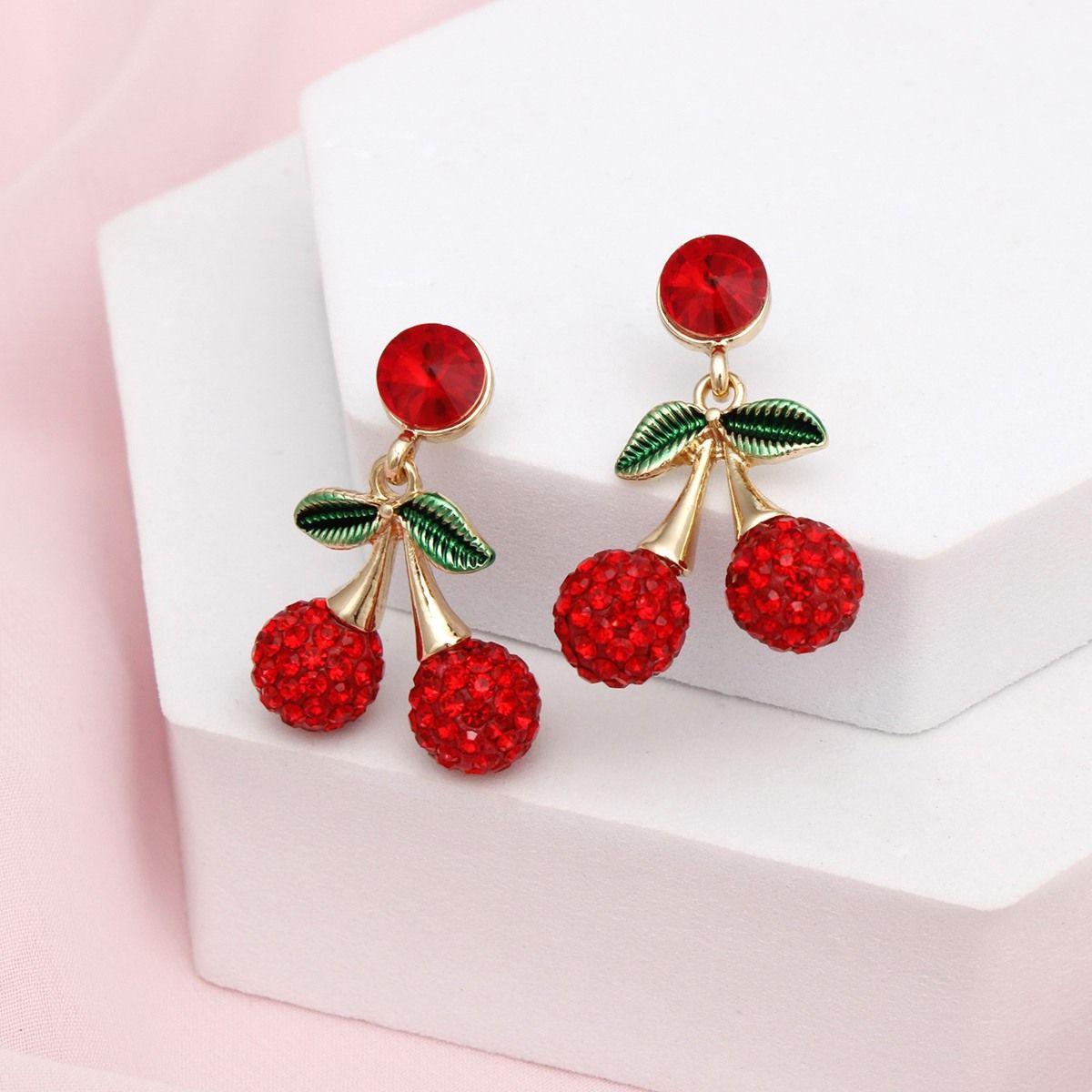 Pin-Up Cherry Earrings Gold Double Cherry Drop