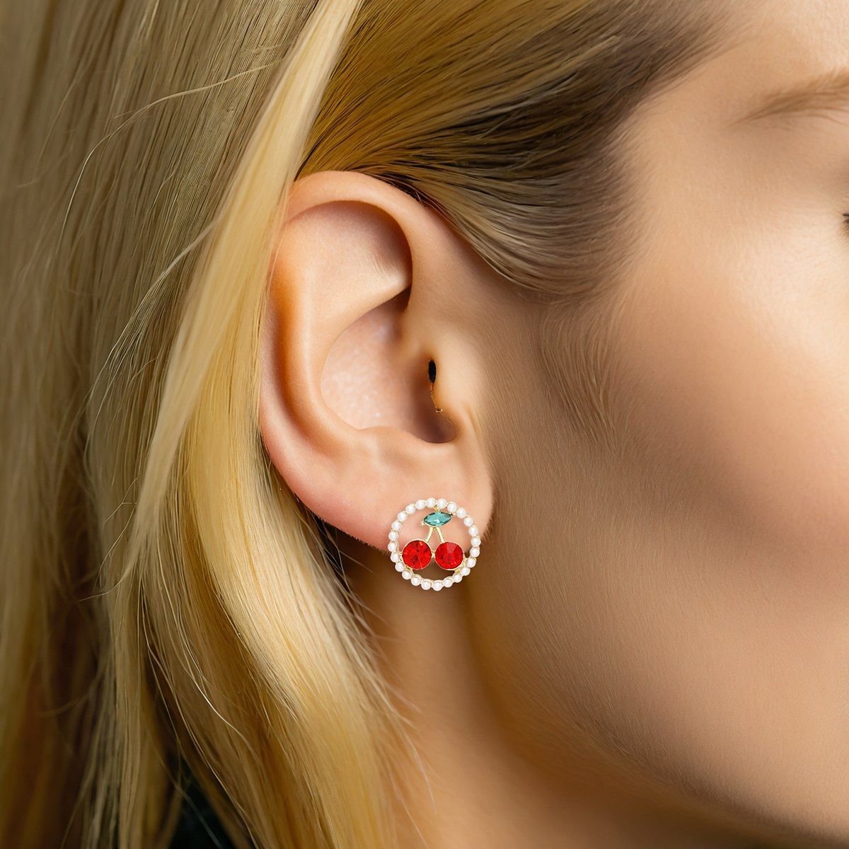 Gold Cherry Stud Earrings with Cream Pearl and Red Rhinestones