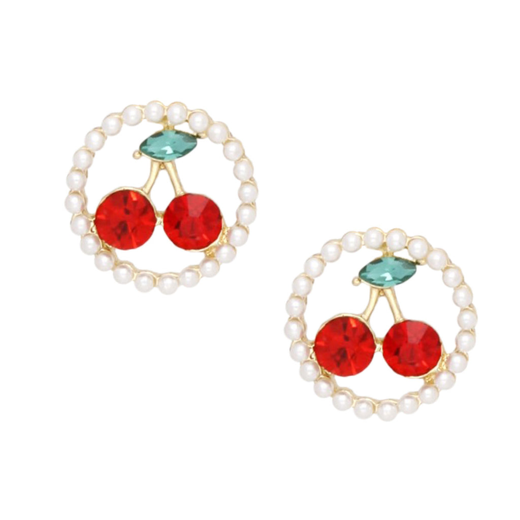 Gold Cherry Stud Earrings with Cream Pearl and Red Rhinestones