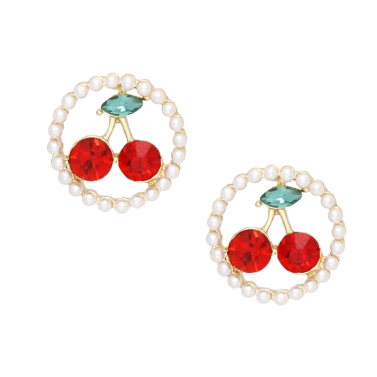 Gold Cherry Stud Earrings with Cream Pearl and Red Rhinestones